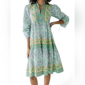 Victoria Dunn Green Floral Tiered Midi Dress with Yellow Trim